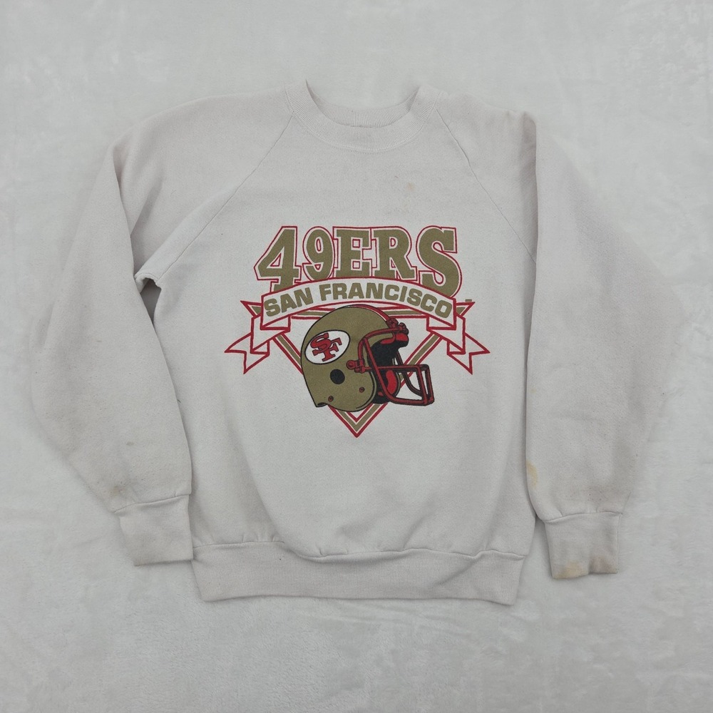VTG 80s San Francisco 49ers Sweatshirt Sz Med White NFL Crewneck STAINED See Pix